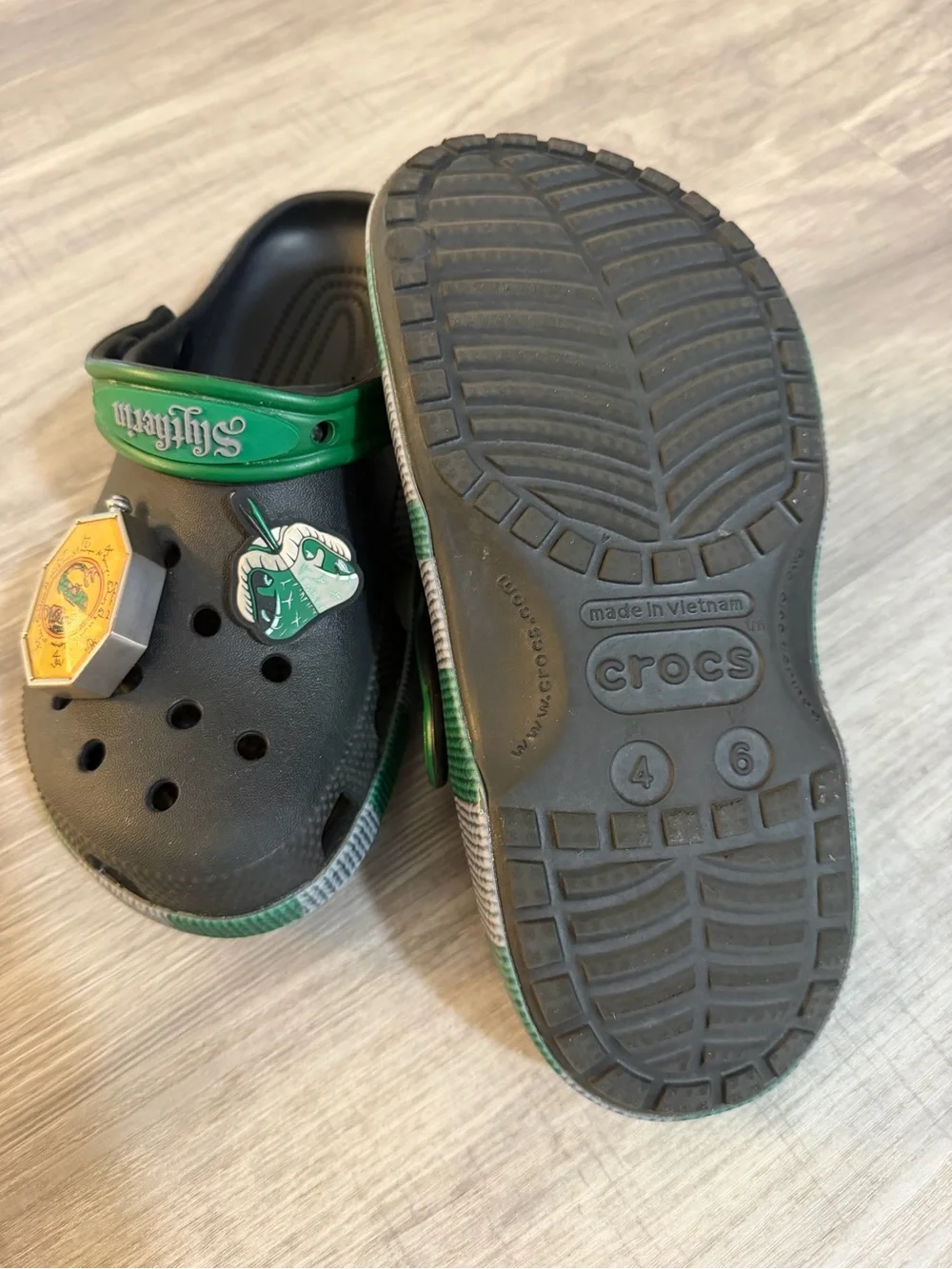 Adult Small (kids) Black and Green Croc Clog Shoes with Hogwarts Slytherin Charm